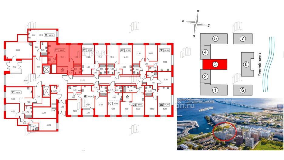 Квартира в ЖК Шкиперский, 19, 1 комнатная, 44 м², 1 этаж