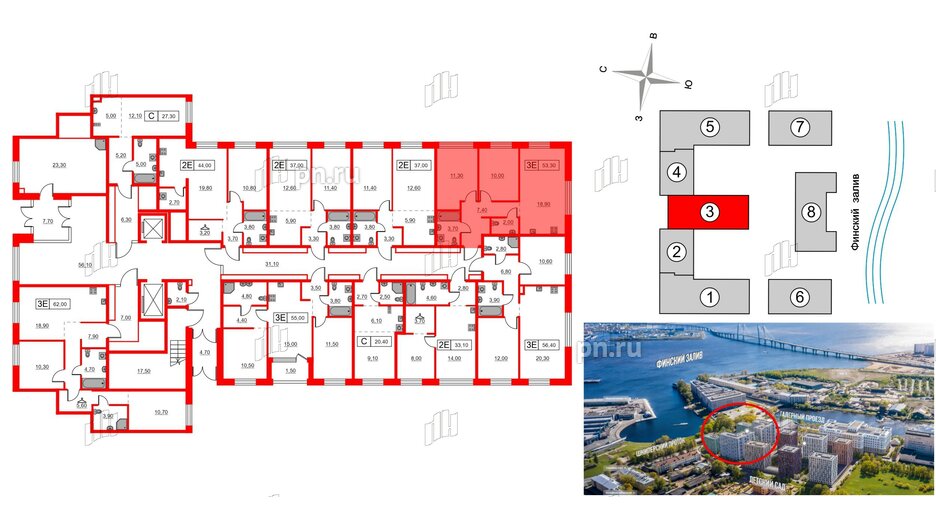 Квартира в ЖК Шкиперский, 19, 2 комнатная, 53.3 м², 1 этаж