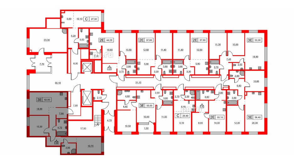 Квартира в ЖК Шкиперский, 19, 2 комнатная, 62 м², 1 этаж