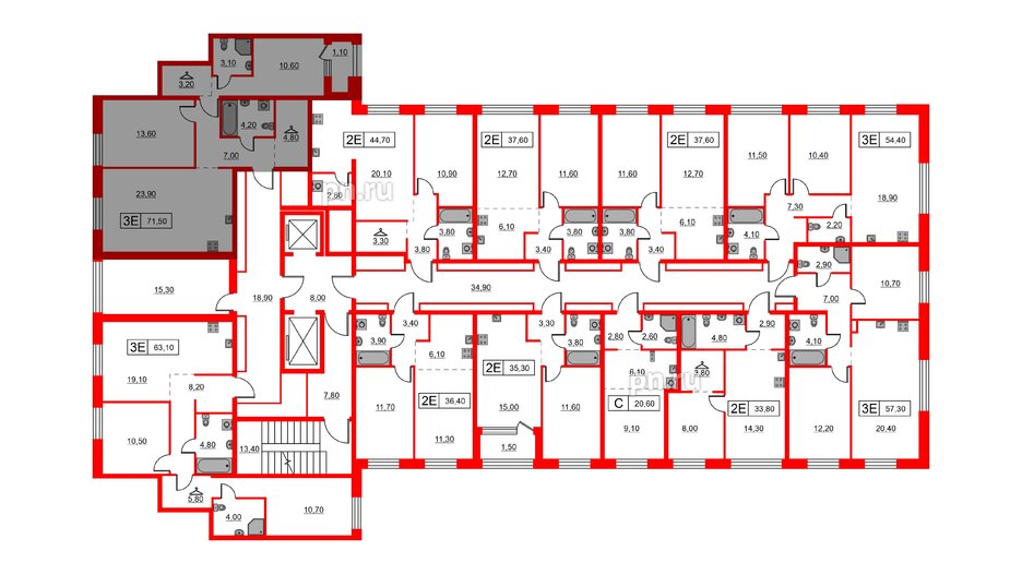 Квартира в ЖК Шкиперский, 19, 2 комнатная, 71.5 м², 2 этаж