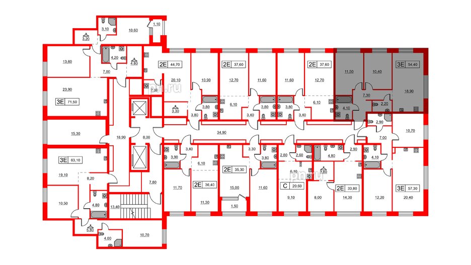 Квартира в ЖК Шкиперский, 19, 2 комнатная, 54.4 м², 2 этаж