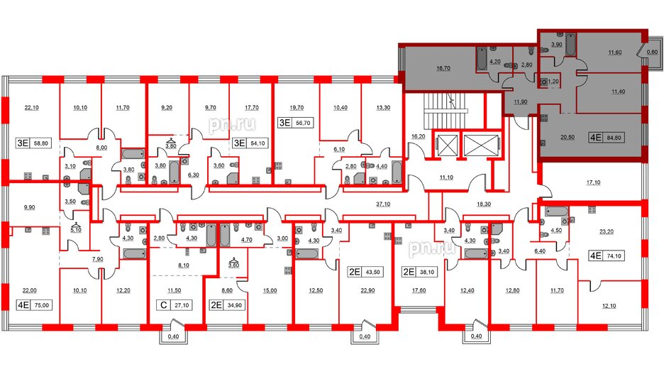 Квартира в ЖК Шкиперский, 19, 3 комнатная, 84.8 м², 7 этаж