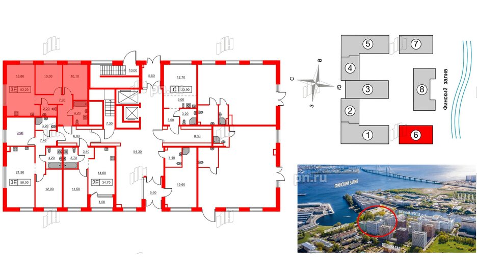 Квартира в ЖК Шкиперский, 19, 2 комнатная, 53.2 м², 1 этаж