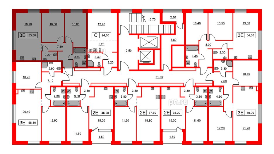 Квартира в ЖК Шкиперский, 19, 2 комнатная, 53.3 м², 2 этаж