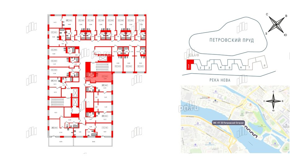 Апартаменты в ЖК 17/33 Петровский Остров, 1 комнатные, 22.22 м², 8 этаж