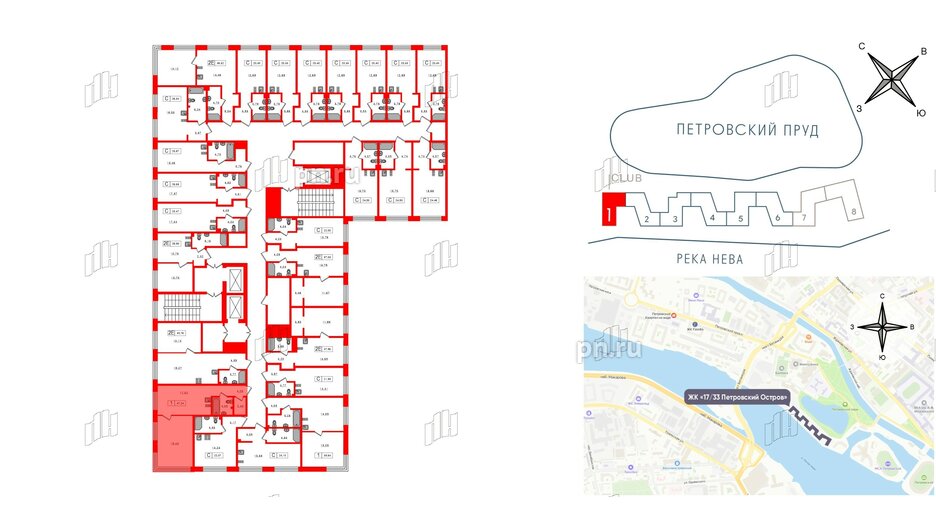 Апартаменты в ЖК 17/33 Петровский Остров, 1 комнатные, 47.24 м², 2 этаж