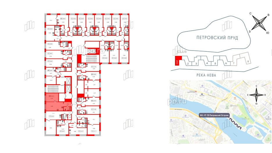 Апартаменты в ЖК 17/33 Петровский Остров, 1 комнатные, 42.42 м², 3 этаж