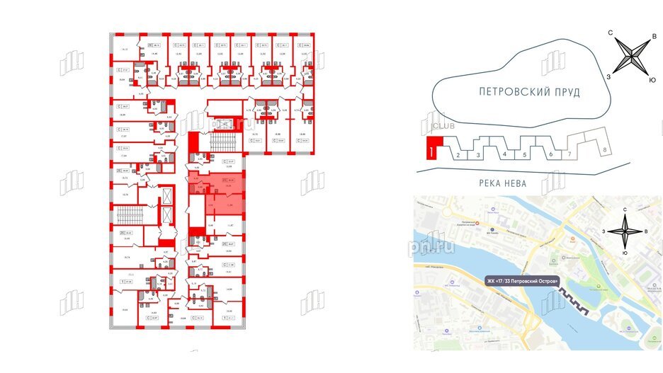 Апартаменты в ЖК 17/33 Петровский Остров, 1 комнатные, 38.05 м², 5 этаж