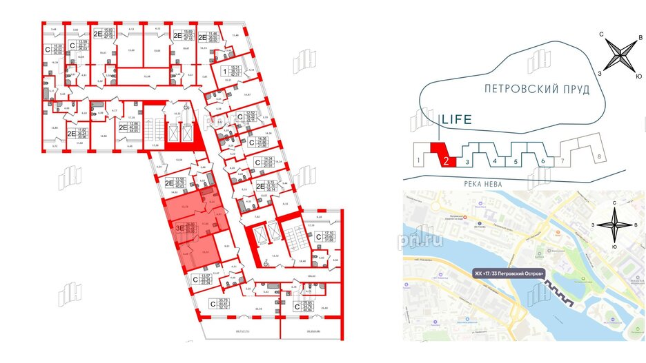 Апартаменты в ЖК 17/33 Петровский Остров, 2 комнатные, 61.56 м², 7 этаж