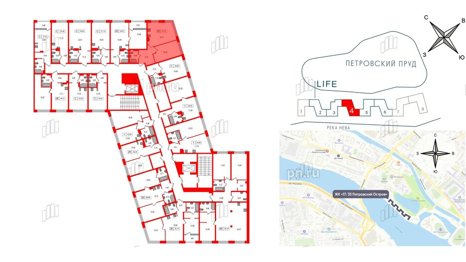 Апартаменты в ЖК 17/33 Петровский Остров, 1 комнатные, 52.23 м², 6 этаж