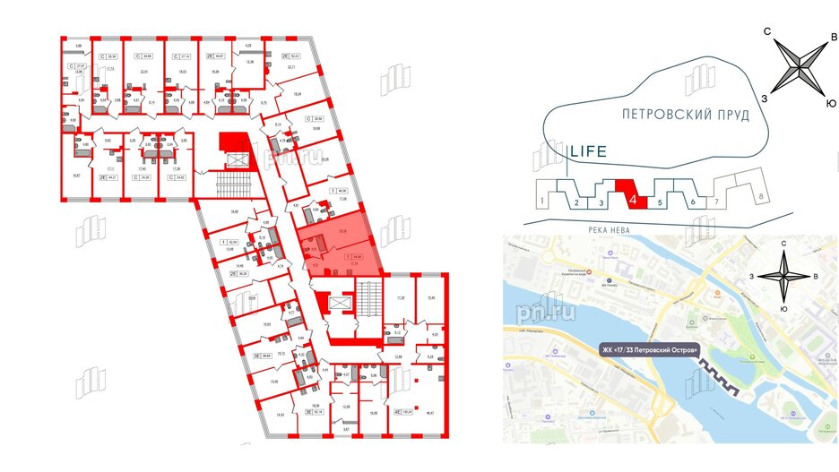 Апартаменты в ЖК 17/33 Петровский Остров, 1 комнатные, 44.84 м², 6 этаж