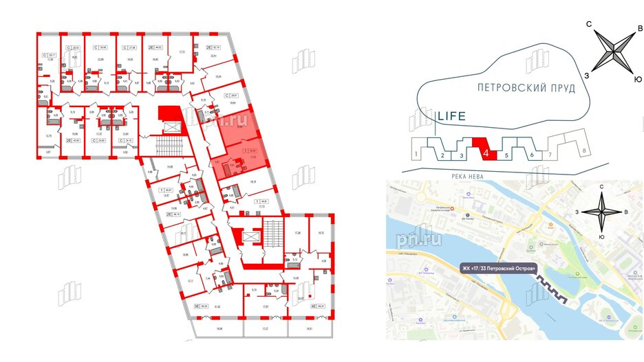 Апартаменты в ЖК 17/33 Петровский Остров, 1 комнатные, 45.99 м², 7 этаж