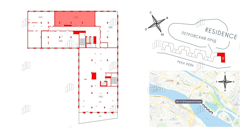 Апартаменты в ЖК 17/33 Петровский Остров, 1 комнатные, 132.85 м², 7 этаж