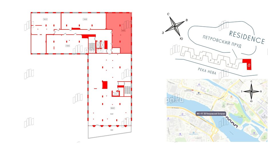 Апартаменты в ЖК 17/33 Петровский Остров, 1 комнатные, 148.86 м², 7 этаж