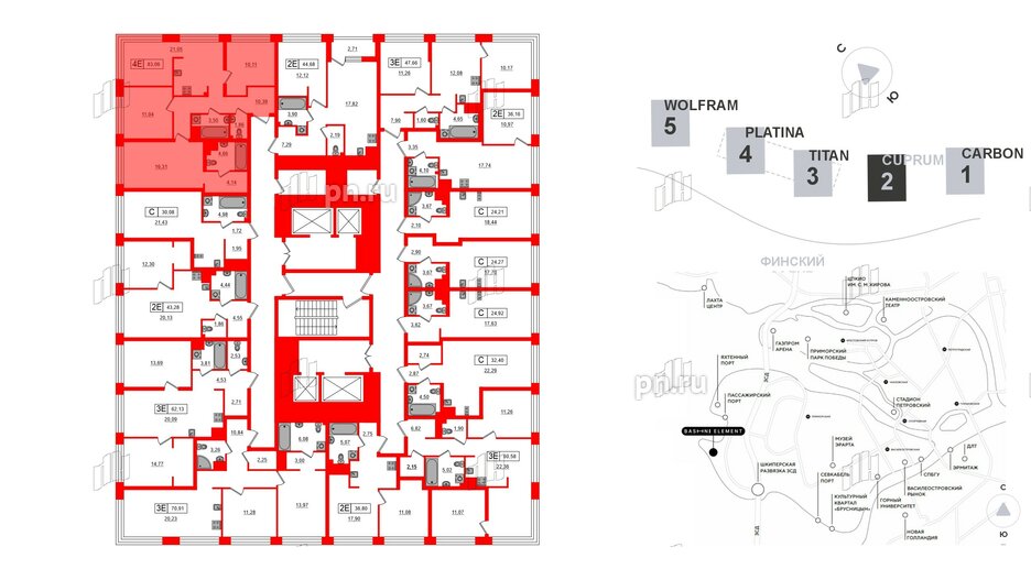 Квартира в ЖК Bashni Element , 3 комнатная, 83.06 м², 15 этаж