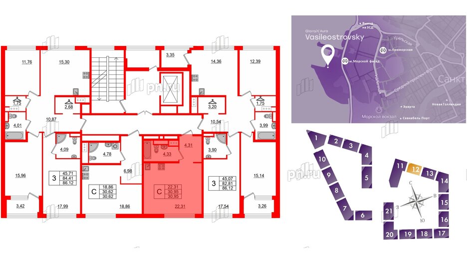 Квартира в ЖК Glorax Premium Василеостровский, студия, 30.95 м², 7 этаж