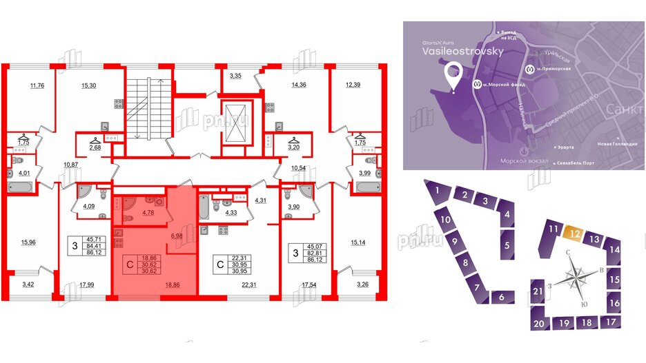 Квартира в ЖК Glorax Premium Василеостровский, студия, 30.62 м², 6 этаж