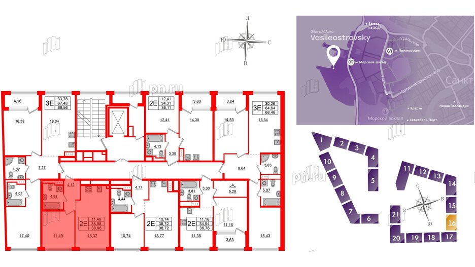 Квартира в ЖК Glorax Premium Василеостровский, 1 комнатная, 38.96 м², 6 этаж