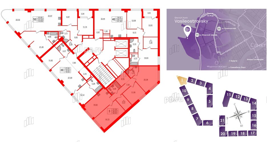 Квартира в ЖК Glorax Premium Василеостровский, 3 комнатная, 94.93 м², 3 этаж