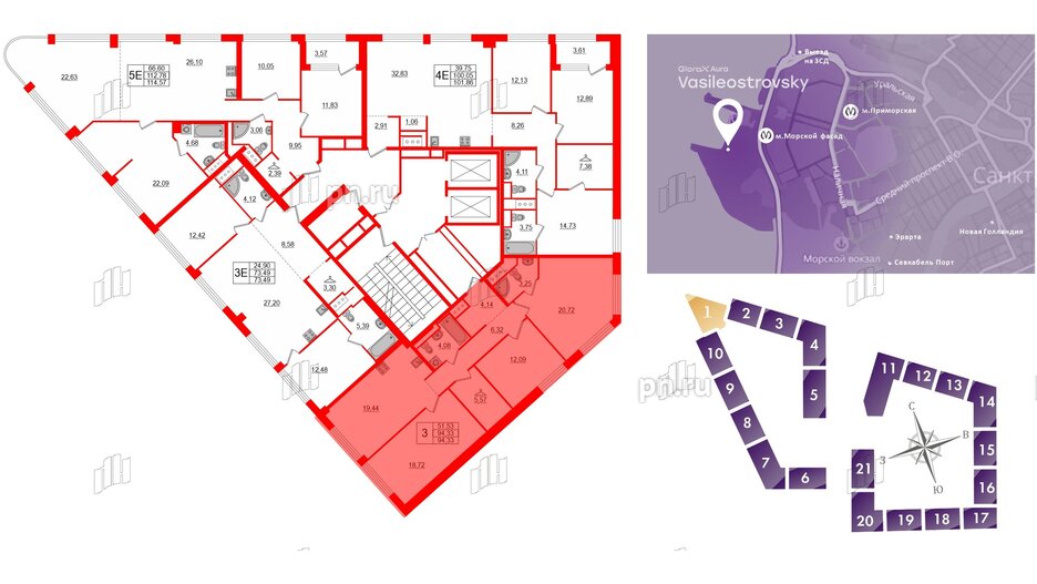 Квартира в ЖК Glorax Premium Василеостровский, 3 комнатная, 94.33 м², 6 этаж