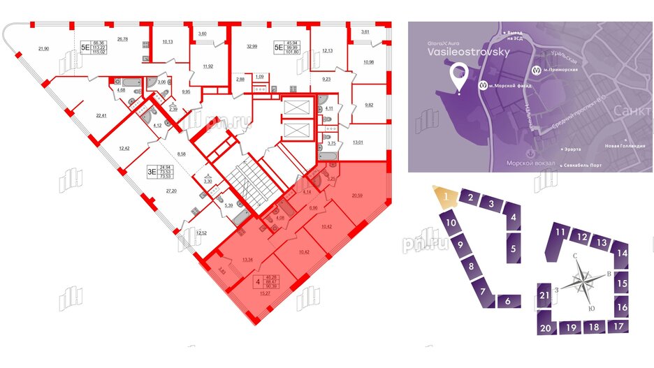 Квартира в ЖК Glorax Premium Василеостровский, 4 комнатная, 90.39 м², 16 этаж