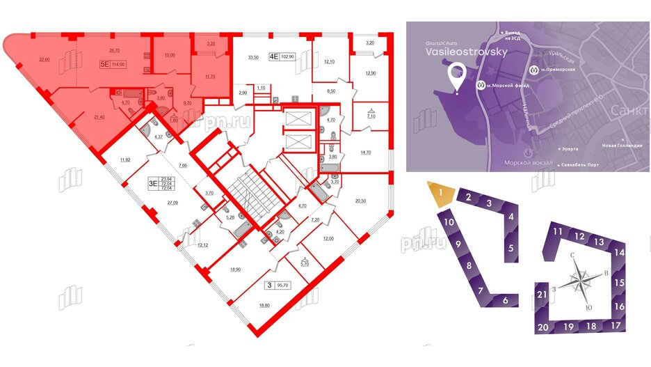 Квартира в ЖК Glorax Premium Василеостровский, 4 комнатная, 114 м², 3 этаж