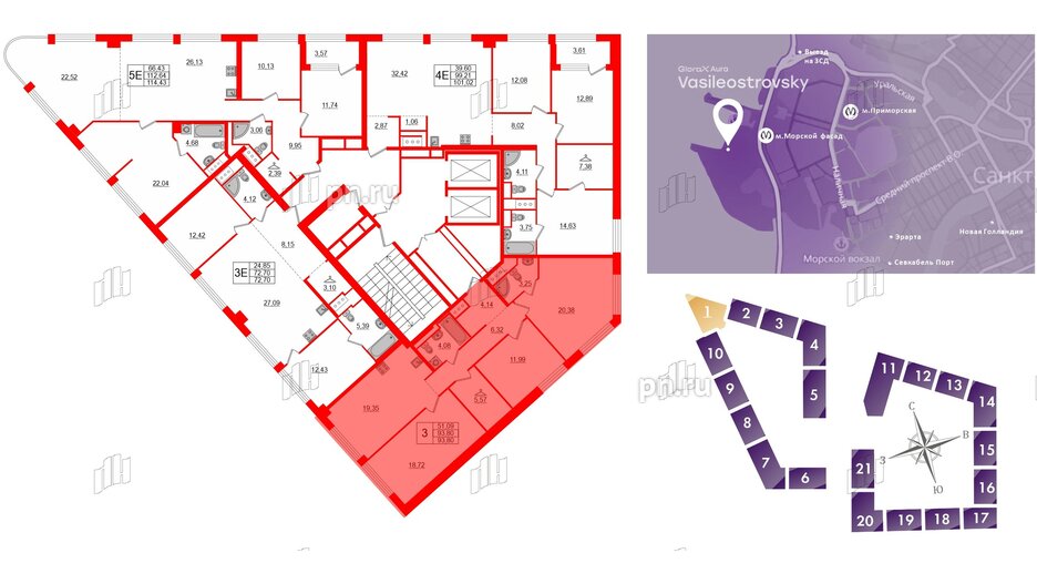 Квартира в ЖК Glorax Premium Василеостровский, 3 комнатная, 93.8 м², 4 этаж