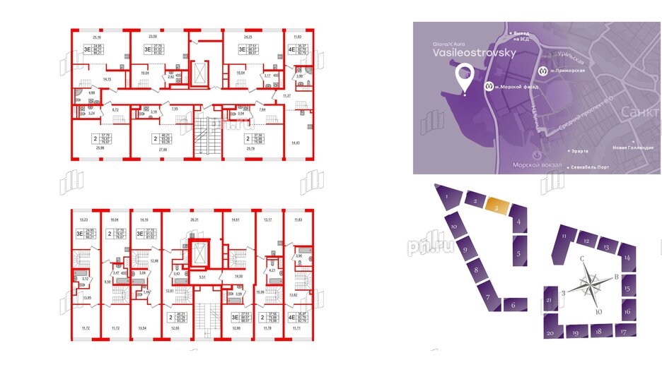 Квартира в ЖК Glorax Premium Василеостровский, 2 комнатная, 76.77 м², 6 этаж