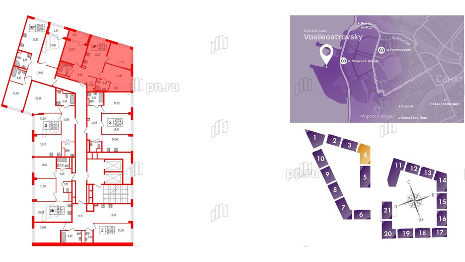 Квартира в ЖК Glorax Premium Василеостровский, 3 комнатная, 72.39 м², 2 этаж