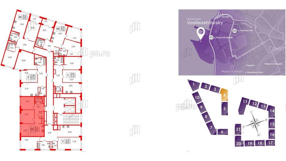 Квартира в ЖК Glorax Premium Василеостровский, 2 комнатная, 53.57 м², 8 этаж