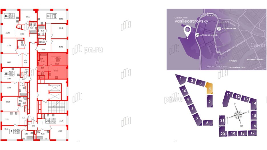 Квартира в ЖК Glorax Premium Василеостровский, 1 комнатная, 35.81 м², 16 этаж