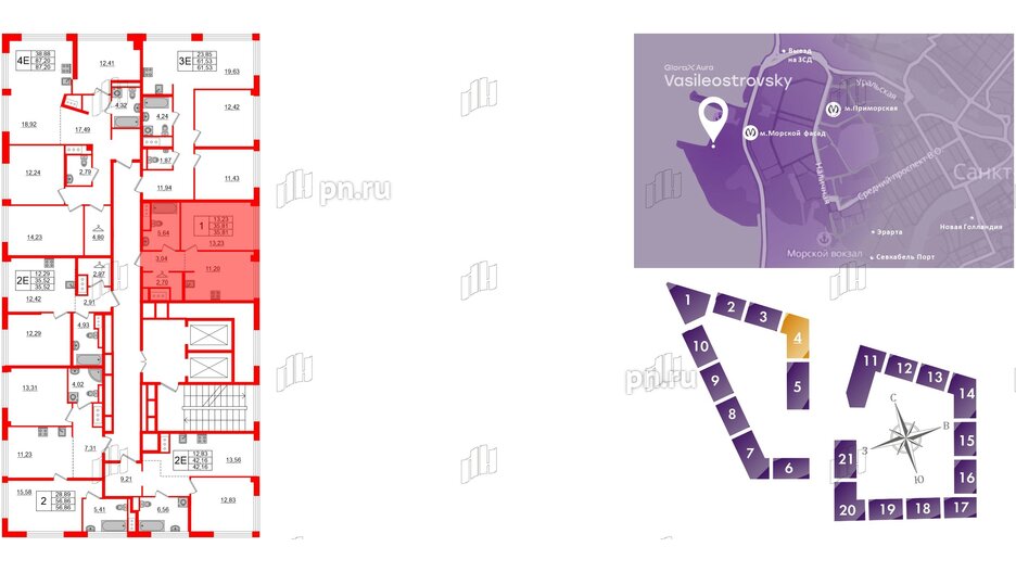 Квартира в ЖК Glorax Premium Василеостровский, 1 комнатная, 35.81 м², 13 этаж