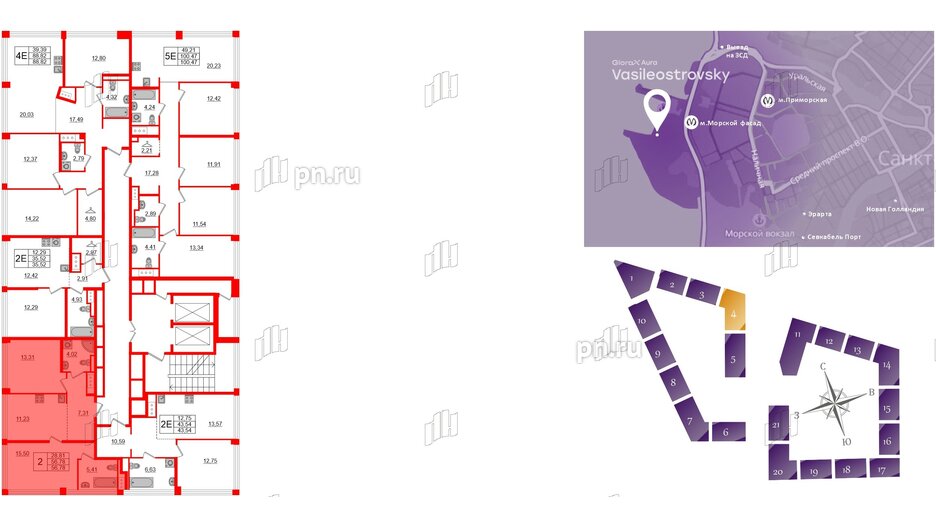 Квартира в ЖК Glorax Premium Василеостровский, 2 комнатная, 56.78 м², 18 этаж