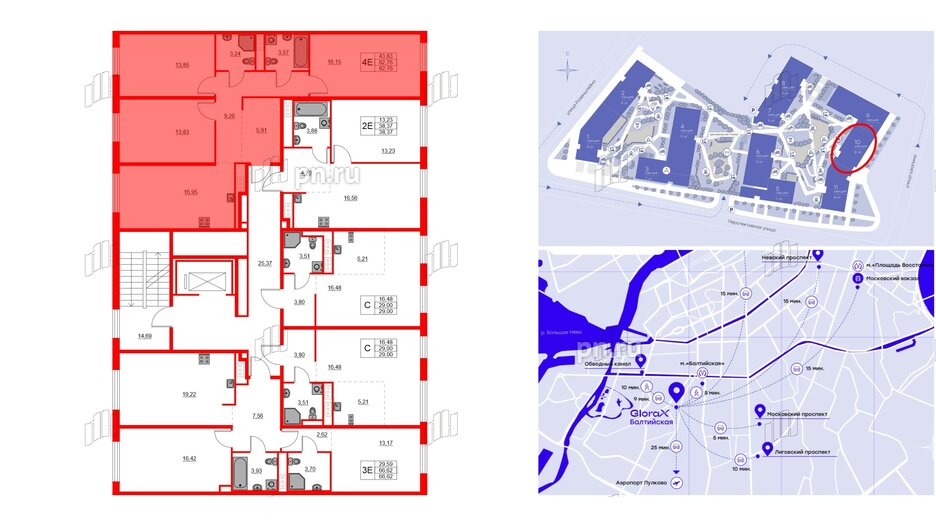 Квартира в ЖК Glorax Балтийская, 3 комнатная, 82.76 м², 4 этаж