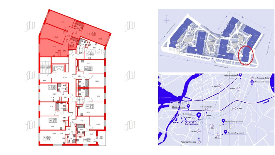 Квартира в ЖК Glorax Балтийская, 3 комнатная, 87.46 м², 5 этаж