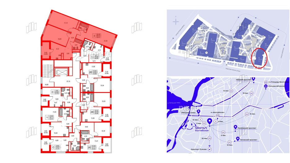 Квартира в ЖК Glorax Балтийская, 3 комнатная, 83.47 м², 7 этаж