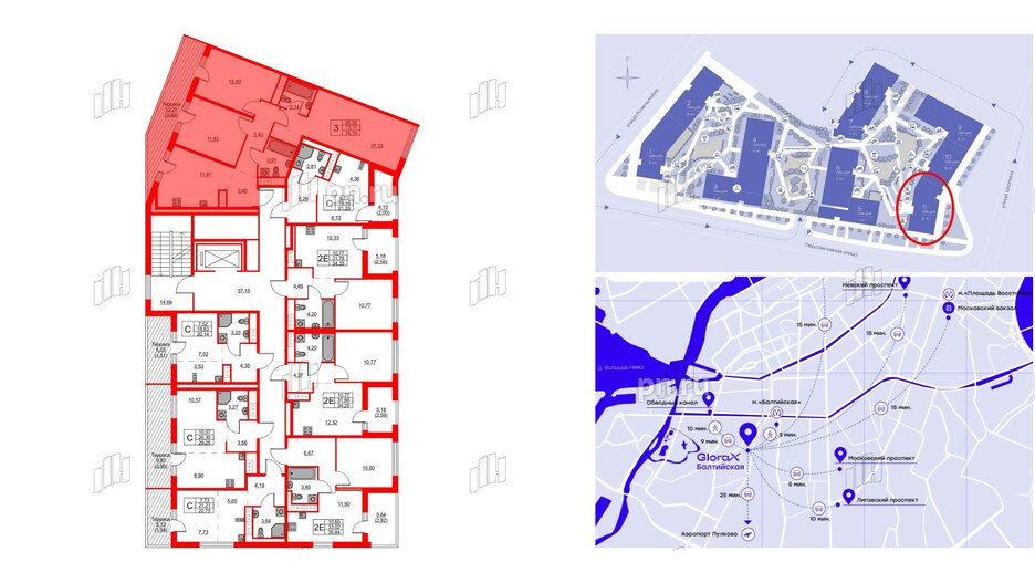 Квартира в ЖК Glorax Балтийская, 3 комнатная, 76.79 м², 8 этаж