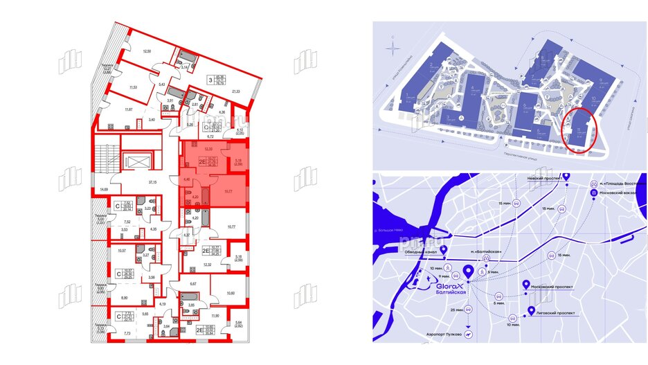 Квартира в ЖК Glorax Балтийская, 1 комнатная, 34.35 м², 8 этаж