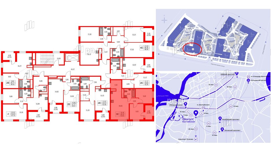 Квартира в ЖК Glorax Балтийская, 2 комнатная, 50.84 м², 7 этаж