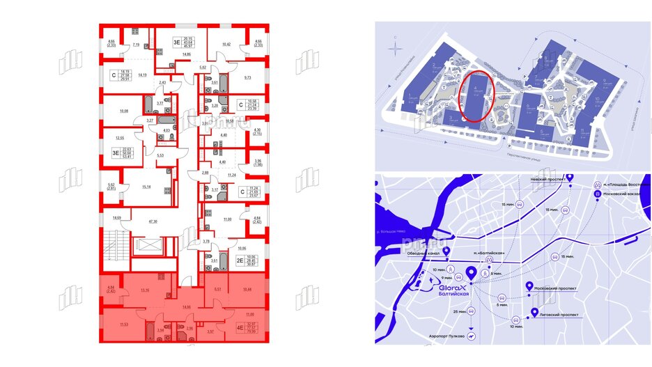 Квартира в ЖК Glorax Балтийская, 3 комнатная, 79.99 м², 7 этаж