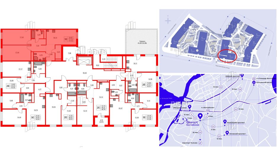 Квартира в ЖК Glorax Балтийская, 2 комнатная, 77.79 м², 2 этаж