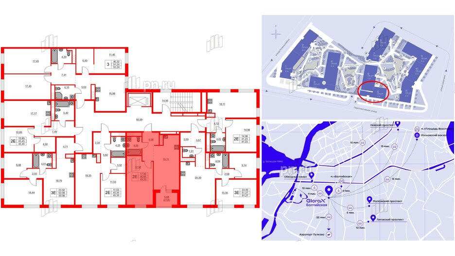 Квартира в ЖК Glorax Балтийская, 1 комнатная, 49.2 м², 3 этаж