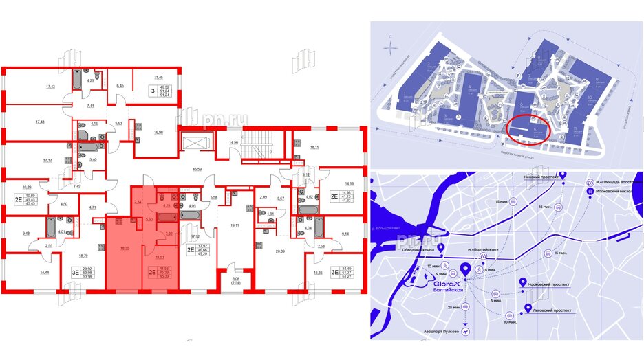 Квартира в ЖК Glorax Балтийская, 1 комнатная, 45.39 м², 3 этаж