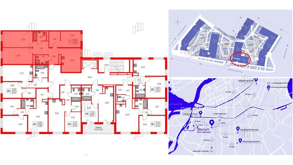 Квартира в ЖК Glorax Балтийская, 3 комнатная, 91.46 м², 5 этаж