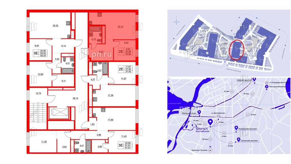 Квартира в ЖК Glorax Балтийская, 1 комнатная, 40.96 м², 3 этаж