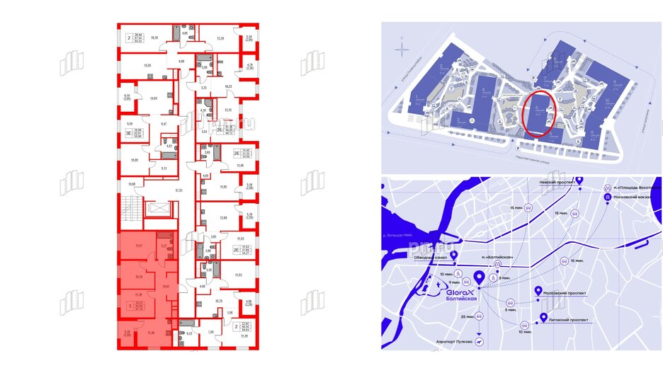 Квартира в ЖК Glorax Балтийская, 3 комнатная, 67.18 м², 9 этаж