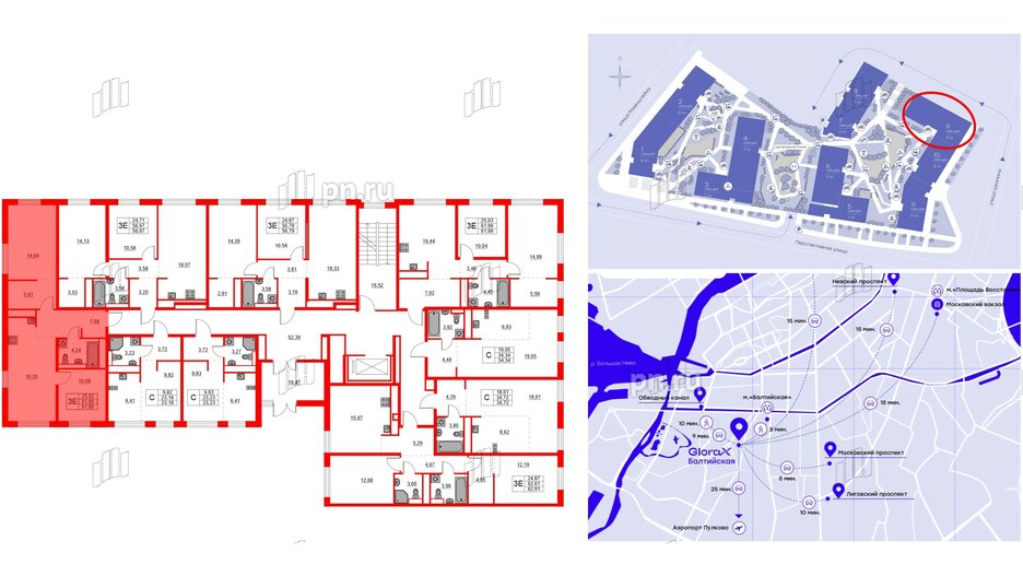 Квартира в ЖК Glorax Балтийская, 2 комнатная, 61.8 м², 2 этаж