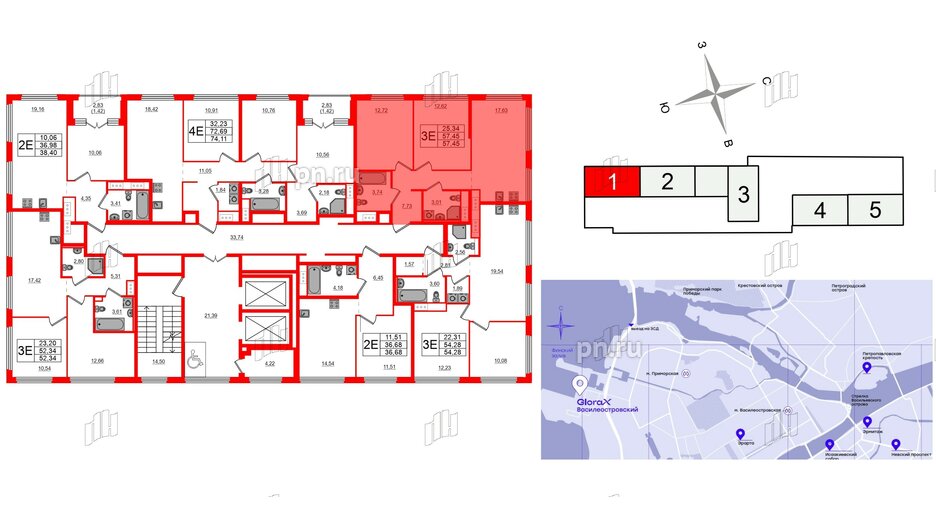 Квартира в ЖК Glorax Василеостровский, 2 комнатная, 57.45 м², 13 этаж