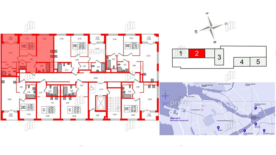 Квартира в ЖК Glorax Василеостровский, 2 комнатная, 59.73 м², 6 этаж