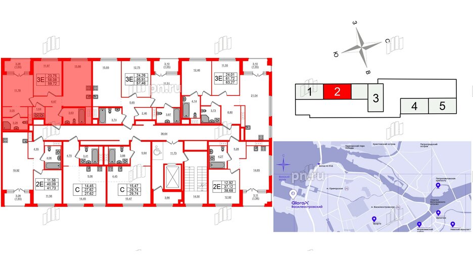 Квартира в ЖК Glorax Василеостровский, 2 комнатная, 59.72 м², 3 этаж